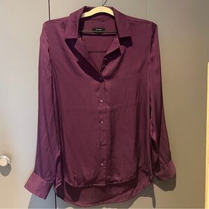 Quince Washable Stretch Silk Notch Collar Blouse in Aubergine Purple, Size Large